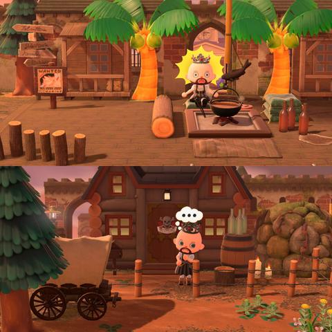 Collage of two Animal Crossing: New Horizons screenshots stacked vertically of the pirate themed Dream Island, Skellige. In all the pictures, a bald, light skinned, brown bearded human villager is shown wearing a grey Pirate dress and silver Pirate crown. The upper image shows the shocked human between two palm trees near a pirate shanty town looking at a hot pot. The lower image shows the human looking thoughtful in front of a house surrounded by some stone caves, barbed wire fencing, and some brick castle walls behind the house.