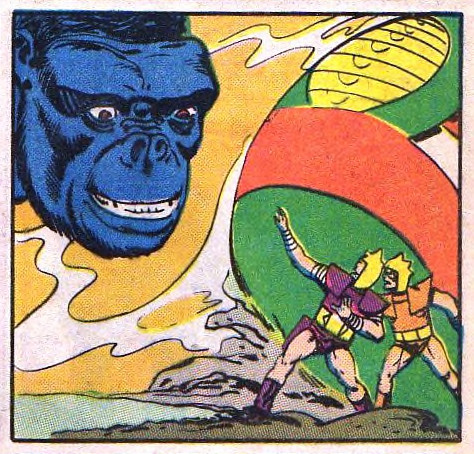 A panel from the comic book KONGA, vol. 1 num. 15, September 1963. In the upper left corner is the blue and black face of a giant gorilla. Two small figures look up and point at him from the lower right corner. In the background is a yellow, orange, and green spherical space vehicle.