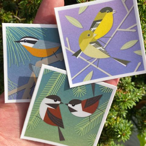 Three colorful stickers featuring stylized birds mentioned in the post.