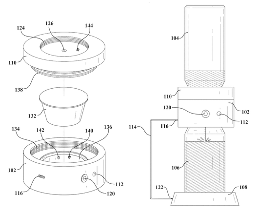 Patent drawing of a device that drips water through a pod of powdered formula into a bottle.
