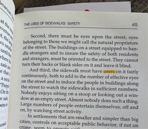 A page from the Jane Jacobs book with the word “users” highlighted to show an example in the the text