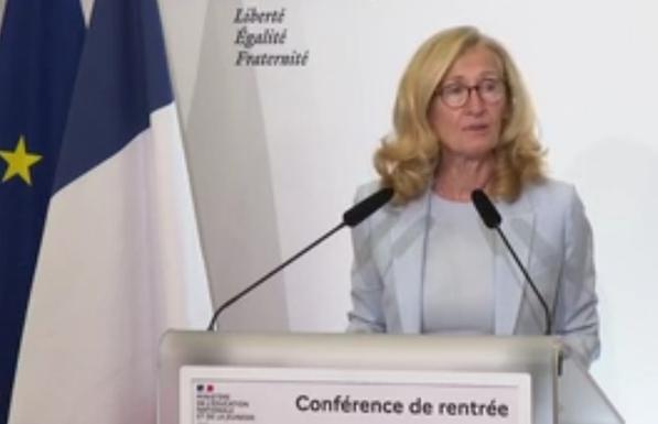 La ministre démissionnaire de l'Éducation nationale Nicole Belloubet lors de la conférence de rentrée, le 27 août 2024.