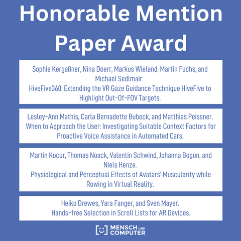 English: The title of the “Honorable Mention Paper Award” can be read in large white letters on a blue background. Below it, also in white letters, are the names of the authors: “Sophie Kergaßner, Nina Doerr, Markus Wieland, Martin Fuchs, Michael Sedlmair, Lesley-Ann Mathis, Carla Bernadette Bubeck, Matthias Peissner, Martin Kocur, Thomas Noack, Valentin Schwind, Johanna Bogon, Niels Henze, Heiko Drewes, Yara Fanger, und Sven Mayer”.

German: Auf einem blauen Hintergrund ist in großen, weißen Buchstaben der Titel des Preises "Honorable Mention Paper Award" zu lesen. Darunter, ebenfalls in weißer Schrift, stehen die Namen der Autoren: Sophie Kergaßner, Nina Doerr, Markus Wieland, Martin Fuchs, Michael Sedlmair, Lesley-Ann Mathis, Carla Bernadette Bubeck, Matthias Peissner, Martin Kocur, Thomas Noack, Valentin Schwind, Johanna Bogon, Niels Henze, Heiko Drewes, Yara Fanger, und Sven Mayer."