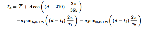 Equation 2 from the paper describing mean stream temperature throughout the year: Ta = T + A*cos((d-210) * 2pi/365) - a1 sin_(t1,t1+tau1)((d-t1)2pi/tau1) - a2sin_(t2,t2+tau2)((d-t2)2pi/tau2).