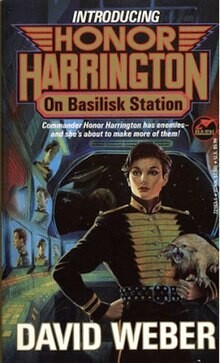 Cover for On Basilisk Station by David Weber. Short haired woman in uniform on bridge of space ship with a snarling alien cat creature in her arms