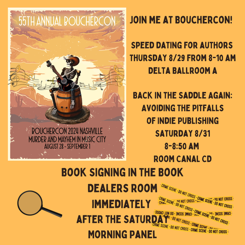 Bouchercon Banner of Skeleton in cowboy hat playing a guitar while sitting on a barrel. Dates and times of author events