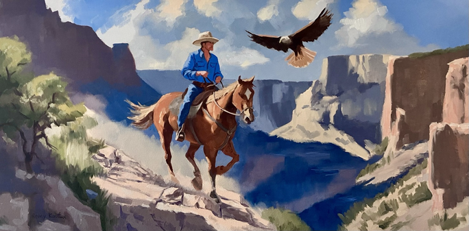 A painting of a cowboy riding his horse in a canyon.