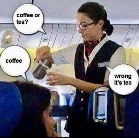 Photo of a stewardess on board an airplane. She is serving a passenger, while pouring something from a heated pot into a cup.

She asks the passenger, “Coffee or tea?”

The passenger replies, “Coffee.”

The stewardess responds, “Wrong... It's tea.”