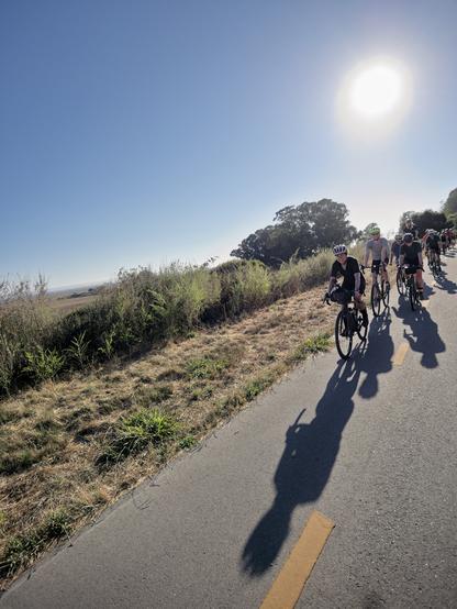 Lael Wilcox riding her bicycle at the head of a train of around 25 more bicyclist on the Wild Ranch bike path north of Santa Cruz CA. Lael is looking at the camera.