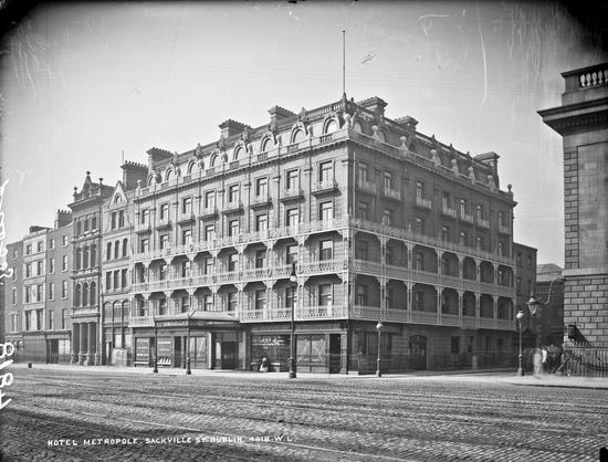 The Metropole Hotel which stood on the corner of Sackville (O'Connell) Street and Princes Street, Dublin, Ireland. c1890s. The National Library of Ireland. No known copyright restrictions.