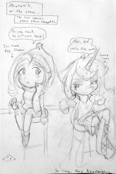 Sketch of a chibi Starlight Glimmer (Equestria Girls) and anthro Gyaru Princess Luna sitting together. Starlight has a concerned expression, while Luna is cool and calm. Starlight apears to have dropped her ice cream, and Luna is leaning back in her chair with her legs crossed. Both are dressed in stylish street clothes, and have a broken keychain ring at the top of their heads. 

Narration: Meanwhile, at the 
venue... The lost charms share their thoughts.
Starlight: "Do you think he will come back?"
Luna: "Nah, kid. We're free now."