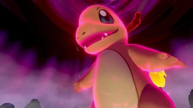 A colorful, glowing Charmander in a dynamic pose, surrounded by dark, swirling clouds. The scene has an intense and vibrant atmosphere, typical of a Pokémon battle.
