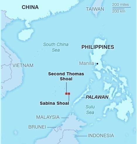 A map showing how close the Second Thomas Shoal and Sabina shoal is to Palawan