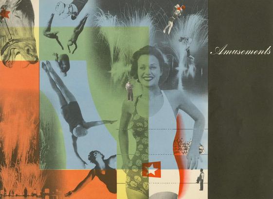 Interior page of the book with the headline “Amusements” and a photo collage of diving people, a horse, and fireworks.
