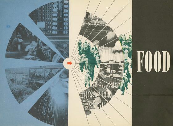 Interior page of the book. Title is “Food”. Image is similar to a pie chart, what each segment a different photo of food production or retail.