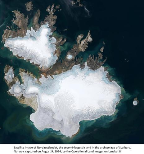 satellite / remotesensed Landsat8 OLI image - Nordaustlandet, the second-largest island in the archipelago of Svalbard, Norway, captured on August 9, 2024, by the Operational Land Imager on Landsat 8.