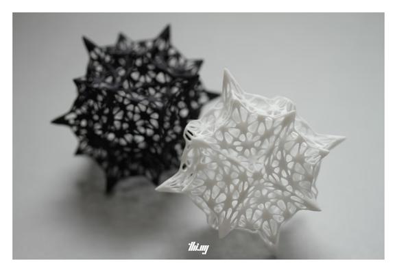 Two 3D printed diatom-inspired filigree sphere-like objects, created via a recursive subdivision mesh (with displacements) of a seed cube. One of the objects is white, the other black.