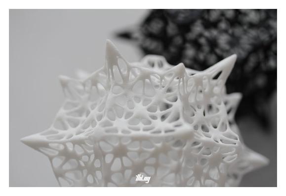 Close-up of two 3D printed diatom-inspired filigree sphere-like objects, created via a recursive subdivision mesh (with displacements) of a seed cube. One of the objects is white, the other black.