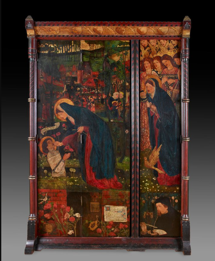 The exterior of this magnificent wardrobe, painted by Burne-Jones, is decorated with scenes from The Prioress’s Tale, one of Chaucer’s Canterbury Tales