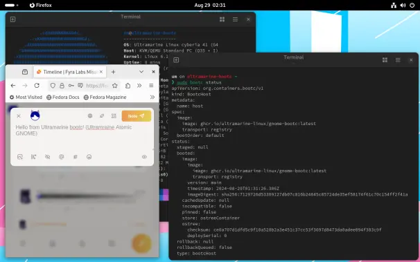 A Ultramarine GNOME 41 system with two terminal windows open. One is the output fastfetch showing the distro name, and the other is the result of bootc status, showing that the system is using bootc. Firefox is also open with the post you're currently reading in it.