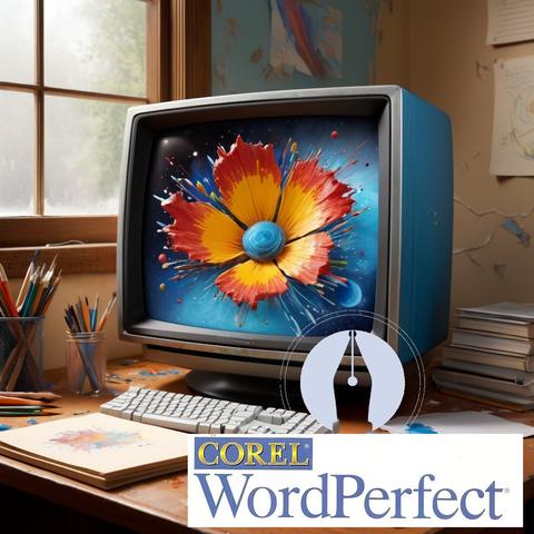 The image is a modified version of the previous one, showing a vintage computer on a wooden desk with a colorful, flower-like explosion on the screen. The addition is the "Corel WordPerfect" logo prominently placed in the lower-right corner, featuring the classic pen-and-ink nib symbol associated with WordPerfect. The scene still retains the warm and creative atmosphere, with art supplies scattered on the desk and sunlight streaming through the window.