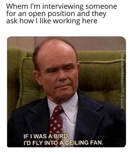 Caption: When I'm interviewing someone for an open position and they ask how I like working here

Photo of Red from "That 70's show" saying "If I was a bird, I'd fly into a ceiling fan."