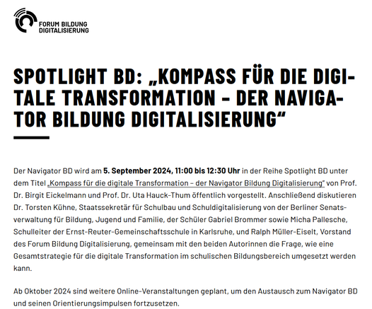 Ausschnitt aus der Seite des Forum Bildung Digitalisierung, auf der die oben verlinkte Veranstaltung kurz beschrieben wird.