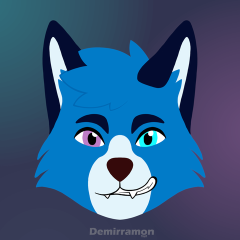 Blue fox with dark blue ears and baby-blue muzzle. His left eye is cyan while his right one is pink. He's doing a half-grin.