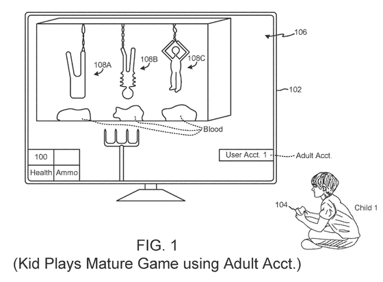 Patent drawing captioned "Kid Plays Mature Game using Adult Account," showing a game with cartoonish dismembered bodies