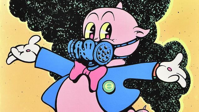Detail of poster showing Porky Pig, arms outstretched, wearing a heavy-duty mask with black smoke in the background.