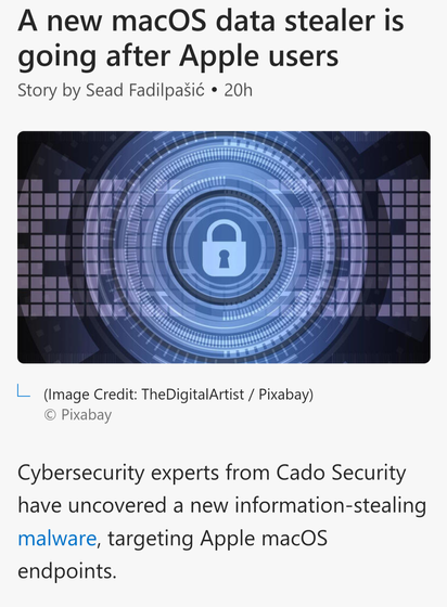 Screenshot of an article by Sead Fadilpašić with the headline "A new macOS data stealer is going after Apple users" and the text "Cybersecurity experts from Cado Security have uncovered a new information-stealing malware, targeting Apple macOS endpoints."
