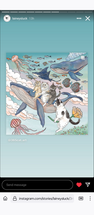 a wild, colourful fanciful drawing with lots of animals travelling from right to left - small fish and a whale at the top, and near the bottom and foreground, three cats riding a whale, and a fourth riding a cut flower!