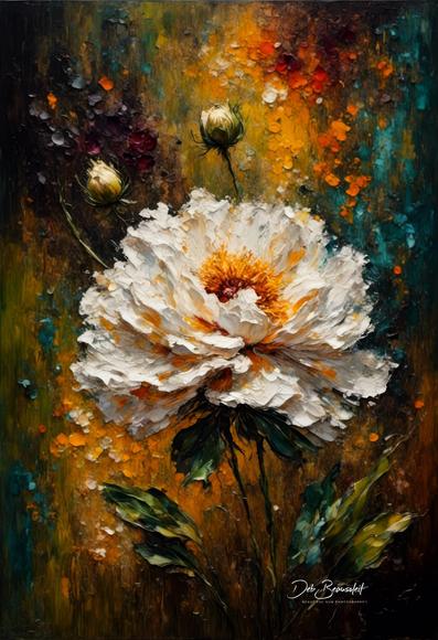 A digitally painted image of a large, vibrant white and golden flower, set against a textured background with rich green, orange, and teal hues. The artwork, based on an original photograph, showcases intricate details and a dynamic mix of colors.  Image at:   https://beautifulsunphotography.com/featured/golden-bloom-deb-beausoleil.html  See more art & blog at: https://beautifulsunphotography.com/ https://debbeautifulsunphotography.com/ https://www.zazzle.com/store/beautifulsun_designs https://debbeausoleil.com https://www.artpal.com/BeautifulSun/