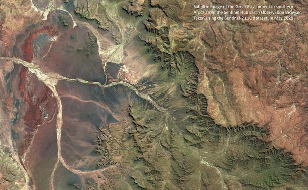 Satellite image of the Great Escarpment in southern Africa from the Sentinel Hub Earth Observation Browser. Taken using the Sentinel-2 L1C dataset, in May 2020