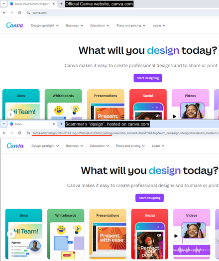 The real Canva site above, while the decoy design is seen below