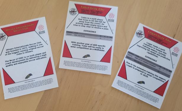 Back side of cards. On Left is the Ottawa Internationals card, with some info from their website history page. Centre is Tobin Gray-Chu, which includes a bit of blah blah about his year and his previous year's playing experience w Greater Sudbury Impact. On Right is Logan Gray-Chu, with some blah blah about his transition to Keeper and his previous 2 years of stats with Greater Sudbury Impact.