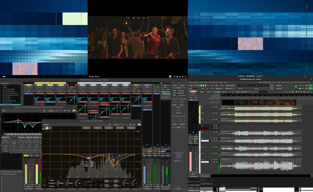 Screenshot of an ardour session.
3 screens : two bottom and on on the top center
We can see the mixer, the timeline and the videoclip.
On the top of the mixer : x42 eq and zlequalizer are open.
