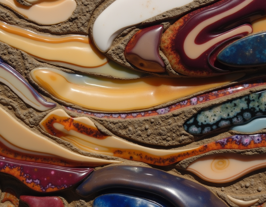 Polished minerals in vibrant colors, in the process of being cleaned, are emerging from a rough, muddy matrix background.