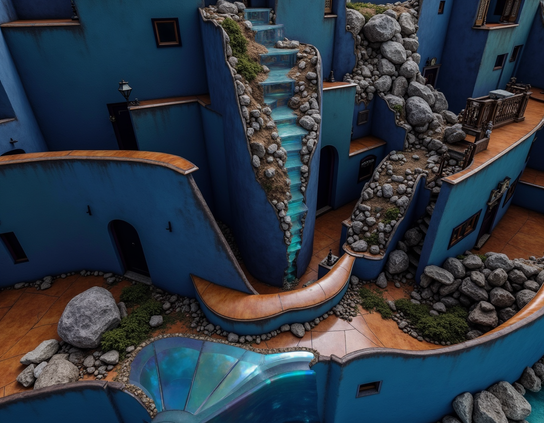 View from above of a whimsical, surreal fairy mountain village of cliff homes with blue mineral walls, with mossy winding pathways integrated into rocky terrain.
