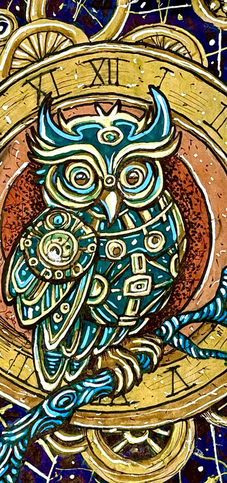 Illustration on a brown paper bag of a steam punk styled owl with a click in the background.