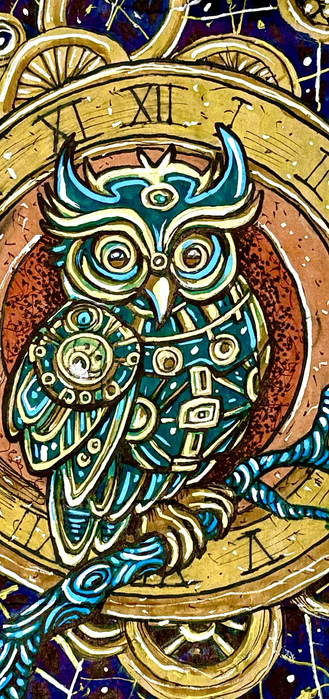 Illustration on a brown paper bag of a steam punk styled owl with a click in the background.