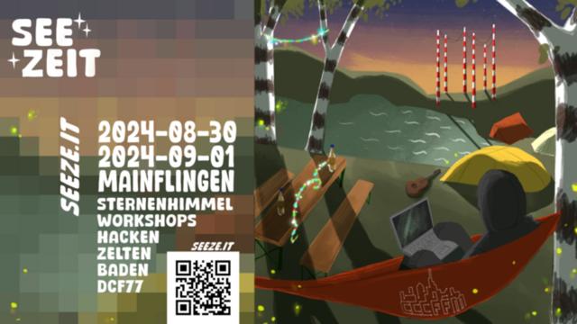 Flyer of the Seezeit event showing a hacker in the evening in a hammock next to a lake