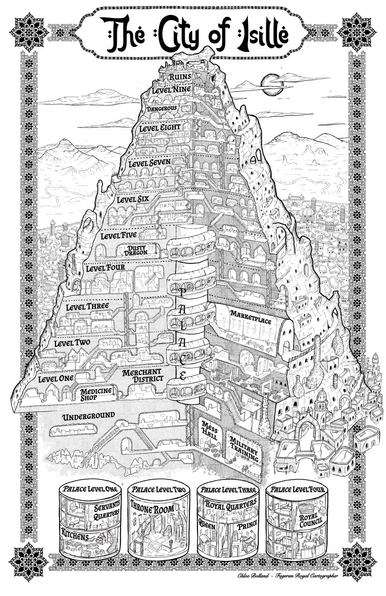 Black and white map for a city carved into a mountain