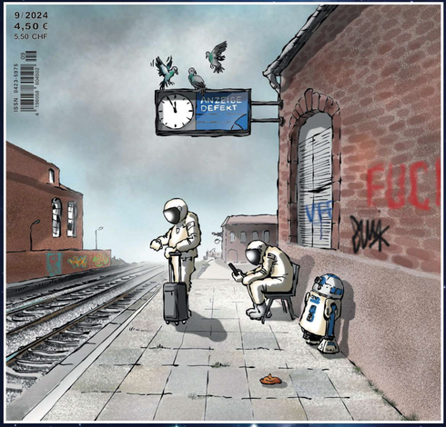 ein runtergekommender bahnhof mit zwei wartenden astronaut:innen  & R2DC am Bahnsteig

zusätzlichj Anzeige defekt