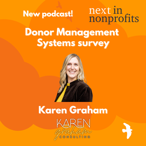 Foreground: A person with blond hair and a brown jacket; Background: Orange clouds and birds; Text: New Podcast! Donor Management Systems survey (with) Karen Graham; Logos: Next in Nonprofits (top), Karen Graham Consulting (bottom)