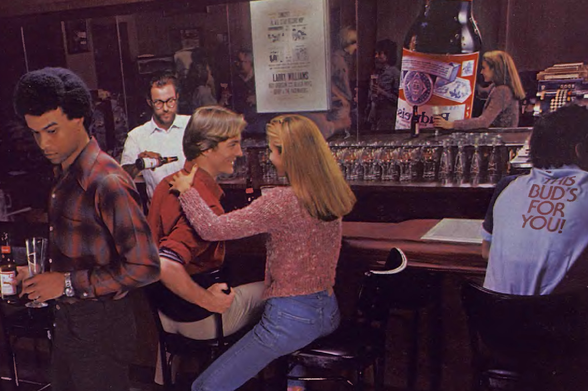 1983 

The image captures the vibrant atmosphere of a bar in the 1980s, where several patrons are engaged in conversation and laughter over drinks.
Tags: socializing, 1980s, bar culture, casual gathering, beverages, retro-style, leisure activity
