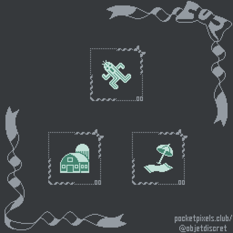 three pixel art illustrations: a cactuar (a running cactus with arms, legs, and a shocked face), a barn with grain silo, and an umbrella next to a beach towel