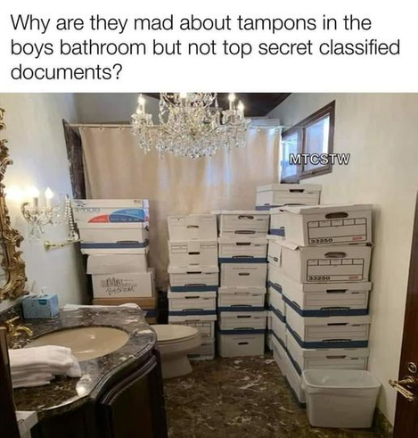 Why are they mad about tampons in the boys bathroom but not top secret classified documents?

[FBI photo of classified documents in a bathroom at Mar-a-Lago, Trump's residence.]