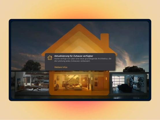 Bild eines Hauses, in dem einzelne Räume eingesehen werden können. Es wird überlagert von Apples Home-Symbol und einer Popup-Benachrichtigung, die eine Aktualisierung für das eigene Zuhause anzeigt.