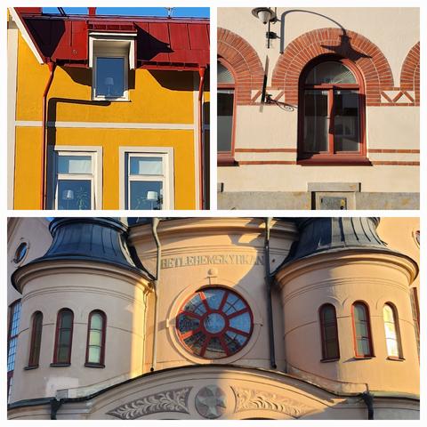 Drei verschiedene Fassaden mit Fenster. Von Abendsonne und Schatten interessanter geworden.
